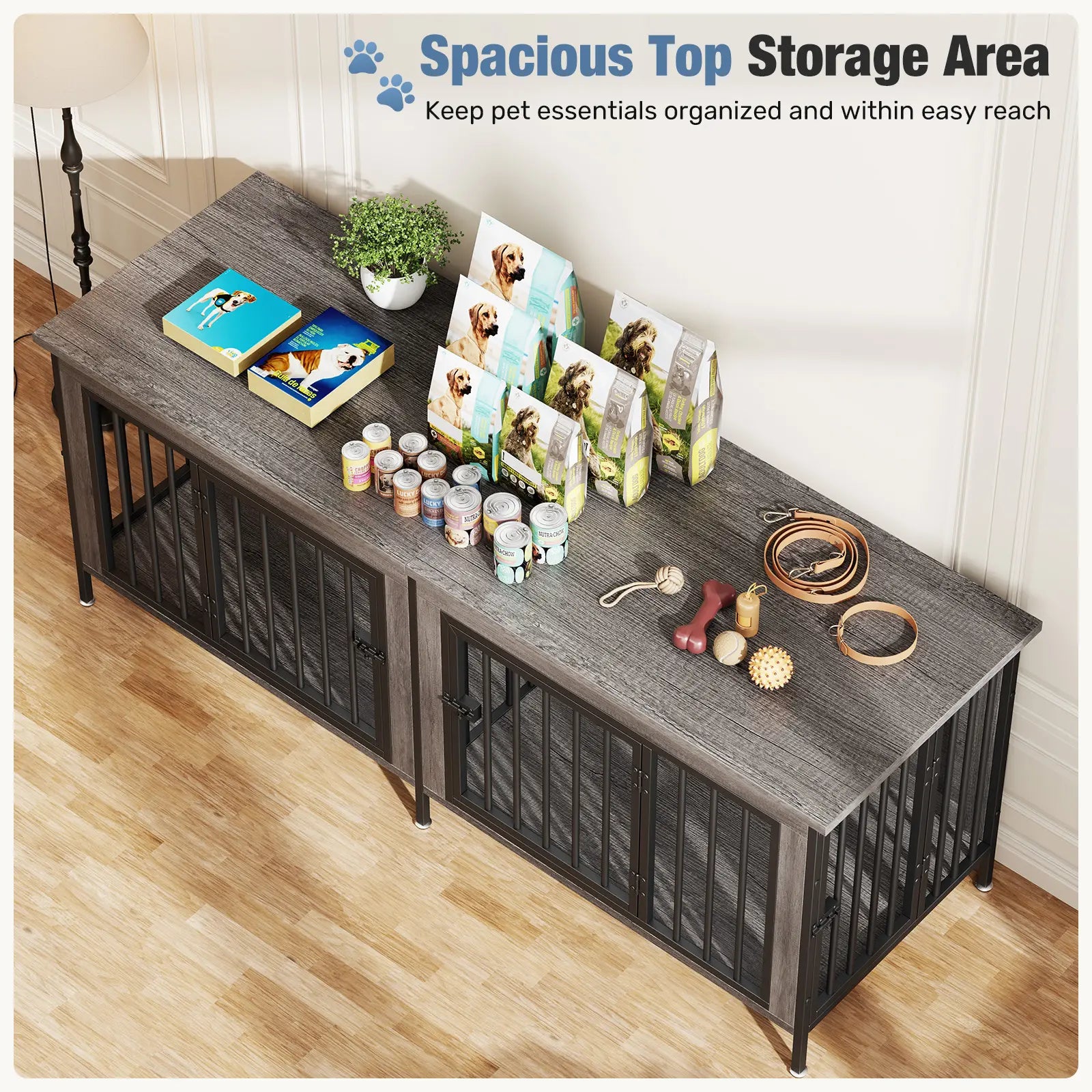 Sweetcrispy 3-In-1 Reinforced Metal & Wood 2-Compartment Dual Crate Furniture - Heavy-Duty Rustic Farmhouse Kennel, TV Stand & Side Table for Bedroom, Space-Saving, Double Door Lock, 27.56" L×23.62" W×25.49" H for Small/Medium Dogs