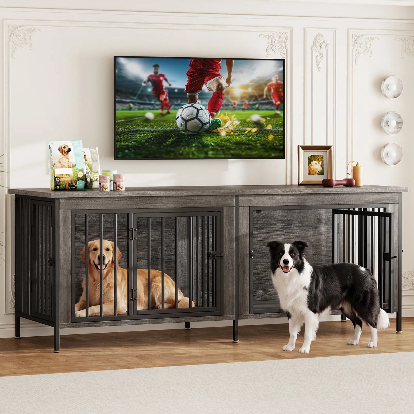 Sweetcrispy 3-In-1 Reinforced Metal & Wood 2-Compartment Dual Crate Furniture - Heavy-Duty Rustic Farmhouse Kennel, TV Stand & Side Table for Bedroom, Space-Saving, Double Door Lock, 27.56" L×23.62" W×25.49" H for Small/Medium Dogs