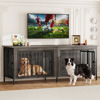 Sweetcrispy 3-In-1 Reinforced Metal & Wood 2-Compartment Dual Crate Furniture - Heavy-Duty Rustic Farmhouse Kennel, TV Stand & Side Table for Bedroom, Space-Saving, Double Door Lock, 27.56" L×23.62" W×25.49" H for Small/Medium Dogs