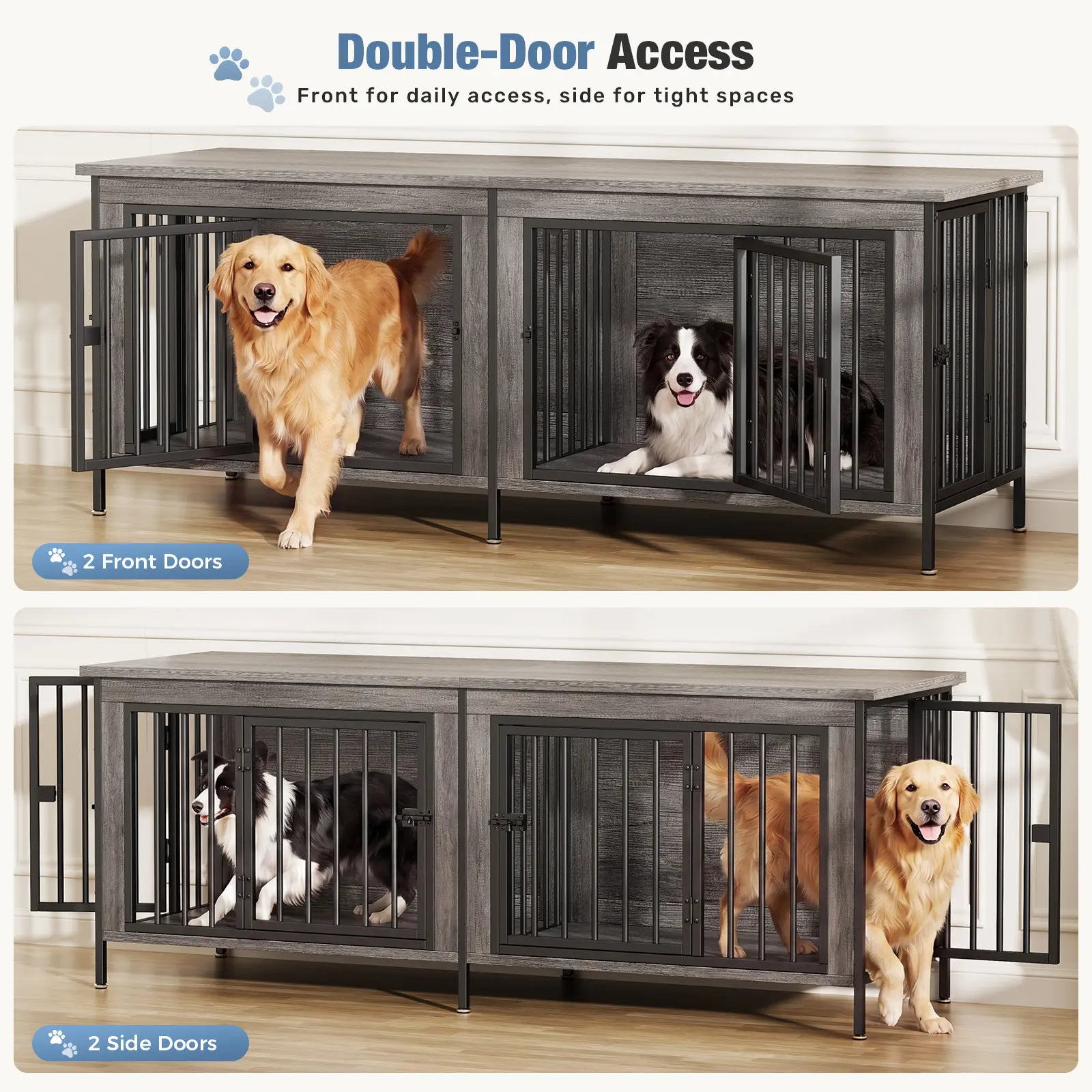 Sweetcrispy 3-In-1 Reinforced Metal & Wood 2-Compartment Dual Crate Furniture - Heavy-Duty Rustic Farmhouse Kennel, TV Stand & Side Table for Bedroom, Space-Saving, Double Door Lock, 27.56" L×23.62" W×25.49" H for Small/Medium Dogs