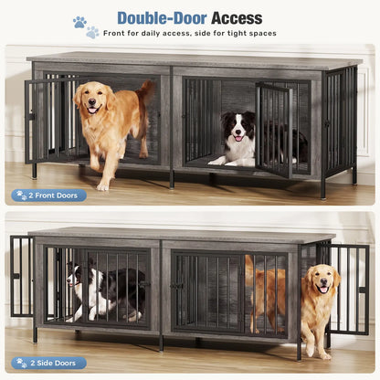 Sweetcrispy 3-In-1 Reinforced Metal & Wood 2-Compartment Dual Crate Furniture - Heavy-Duty Rustic Farmhouse Kennel, TV Stand & Side Table for Bedroom, Space-Saving, Double Door Lock, 27.56" L×23.62" W×25.49" H for Small/Medium Dogs