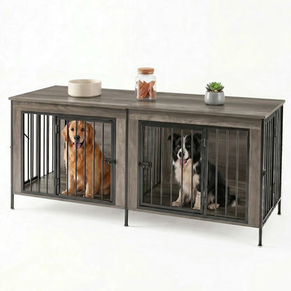 Sweetcrispy 3-In-1 Reinforced Metal & Wood 2-Compartment Dual Crate Furniture - Heavy-Duty Rustic Farmhouse Kennel, TV Stand & Side Table for Bedroom, Space-Saving, Double Door Lock, 27.56" L×23.62" W×25.49" H for Small/Medium Dogs