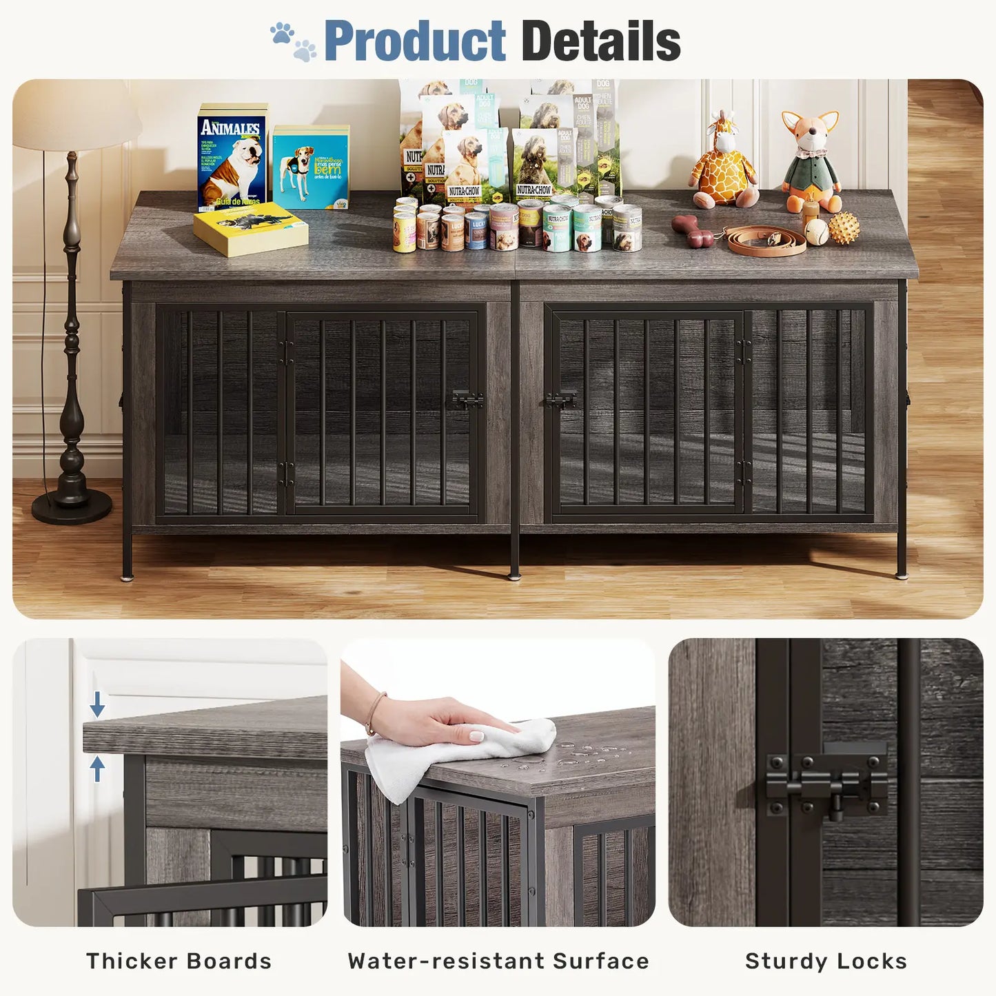 Sweetcrispy 3-In-1 Reinforced Metal & Wood 2-Compartment Dual Crate Furniture - Heavy-Duty Rustic Farmhouse Kennel, TV Stand & Side Table for Bedroom, Space-Saving, Double Door Lock, 27.56" L×23.62" W×25.49" H for Small/Medium Dogs