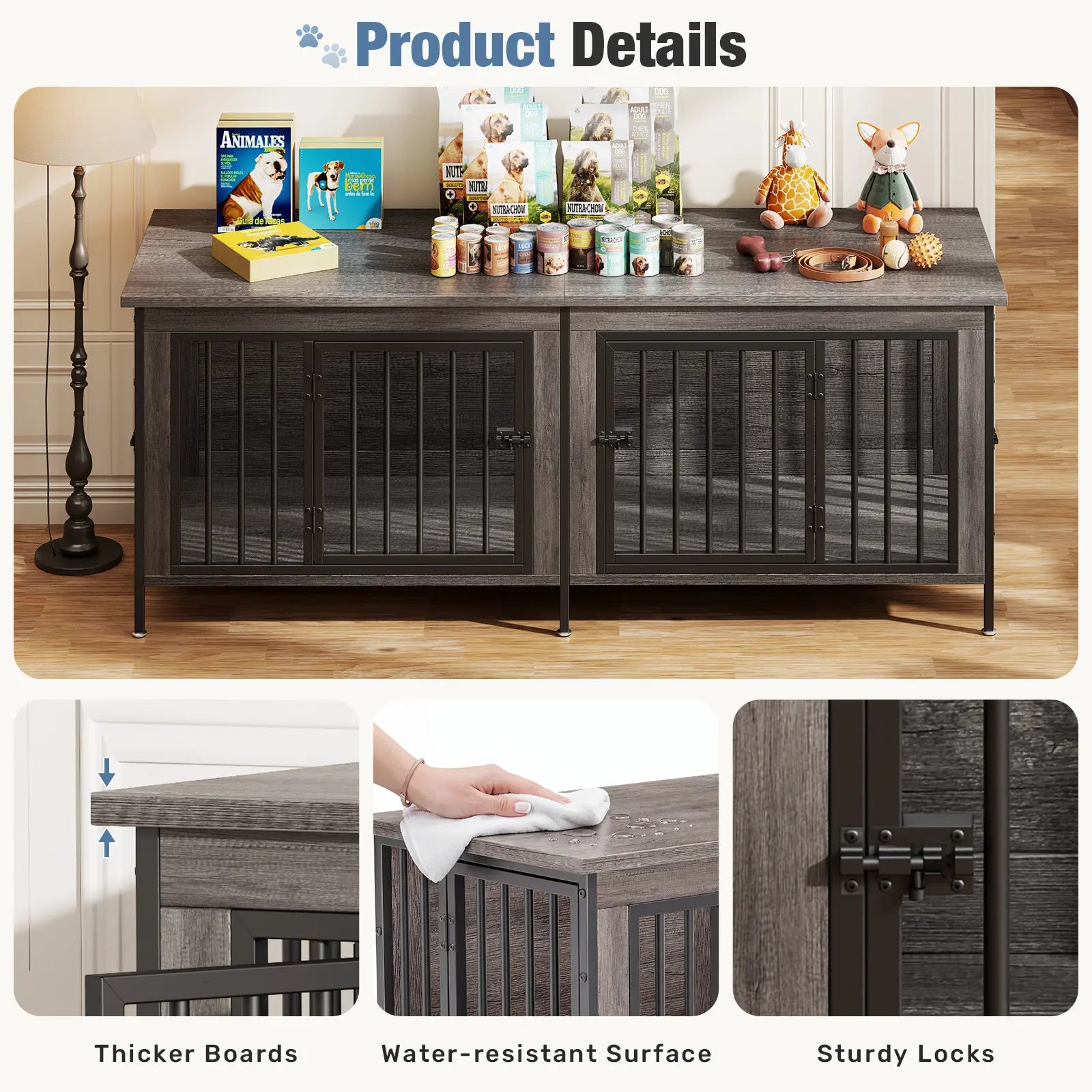 Sweetcrispy 3-In-1 Reinforced Metal & Wood 2-Compartment Dual Crate Furniture - Heavy-Duty Rustic Farmhouse Kennel, TV Stand & Side Table for Bedroom, Space-Saving, Double Door Lock, 27.56" L×23.62" W×25.49" H for Small/Medium Dogs