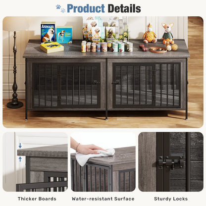 Sweetcrispy 3-In-1 Reinforced Metal & Wood 2-Compartment Dual Crate Furniture - Heavy-Duty Rustic Farmhouse Kennel, TV Stand & Side Table for Bedroom, Space-Saving, Double Door Lock, 27.56" L×23.62" W×25.49" H for Small/Medium Dogs