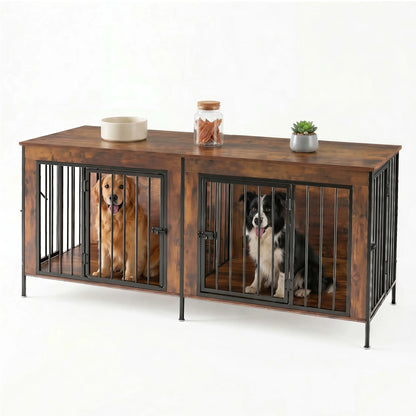 Sweetcrispy 3-In-1 Reinforced Metal & Wood 2-Compartment Dual Crate Furniture - Heavy-Duty Rustic Farmhouse Kennel, TV Stand & Side Table for Bedroom, Space-Saving, Double Door Lock, 27.56" L×23.62" W×25.49" H for Small/Medium Dogs