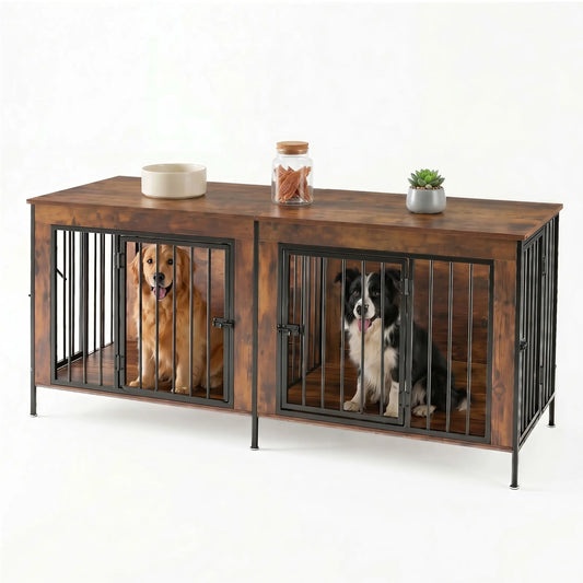 Sweetcrispy 3-In-1 Reinforced Metal & Wood 2-Compartment Dual Crate Furniture - Heavy-Duty Rustic Farmhouse Kennel, TV Stand & Side Table for Bedroom, Space-Saving, Double Door Lock, 27.56" L×23.62" W×25.49" H for Small/Medium Dogs