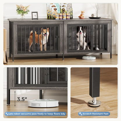 Sweetcrispy 3-In-1 Reinforced Metal & Wood 2-Compartment Dual Crate Furniture - Heavy-Duty Rustic Farmhouse Kennel, TV Stand & Side Table for Bedroom, Space-Saving, Double Door Lock, 27.56" L×23.62" W×25.49" H for Small/Medium Dogs