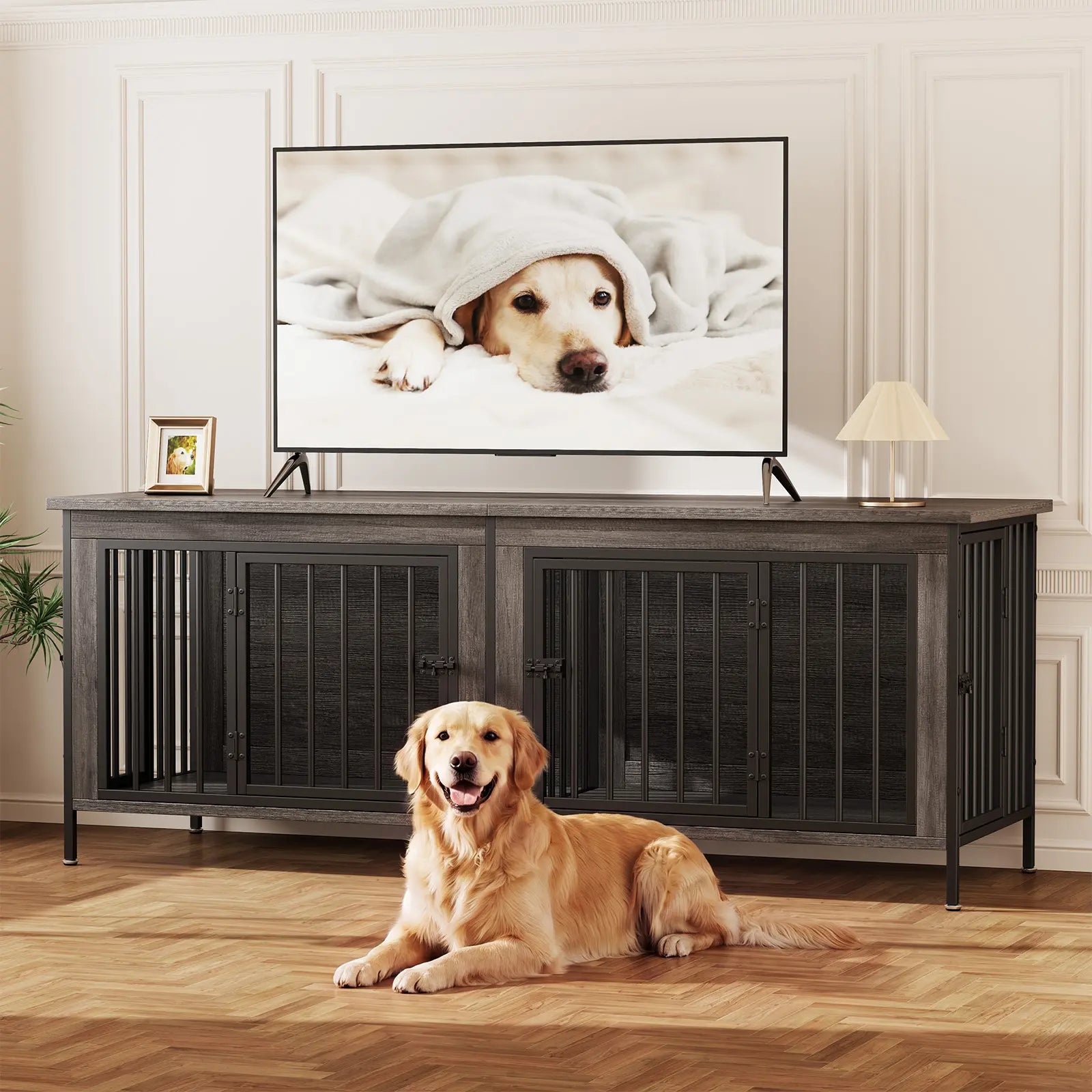 Sweetcrispy 3-In-1 Reinforced Metal & Wood 2-Compartment Dual Crate Furniture - Heavy-Duty Rustic Farmhouse Kennel, TV Stand & Side Table for Bedroom, Space-Saving, Double Door Lock, 27.56" L×23.62" W×25.49" H for Small/Medium Dogs