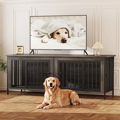 Sweetcrispy 3-In-1 Reinforced Metal & Wood 2-Compartment Dual Crate Furniture - Heavy-Duty Rustic Farmhouse Kennel, TV Stand & Side Table for Bedroom, Space-Saving, Double Door Lock, 27.56" L×23.62" W×25.49" H for Small/Medium Dogs