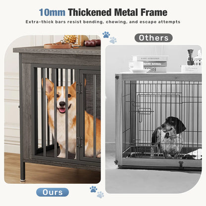 Sweetcrispy 3-In-1 Reinforced Metal & Wood 2-Compartment Dual Crate Furniture - Heavy-Duty Rustic Farmhouse Kennel, TV Stand & Side Table for Bedroom, Space-Saving, Double Door Lock, 27.56" L×23.62" W×25.49" H for Small/Medium Dogs