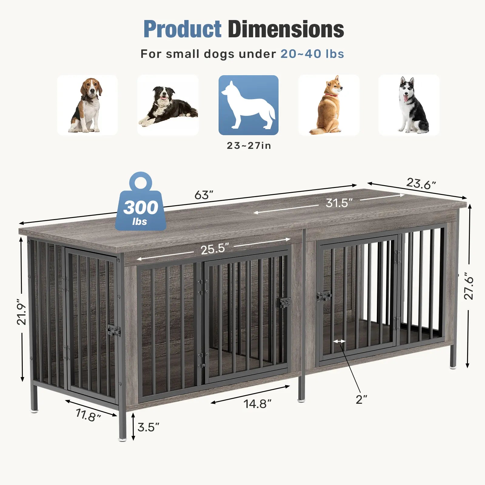 Sweetcrispy 3-In-1 Reinforced Metal & Wood 2-Compartment Dual Crate Furniture - Heavy-Duty Rustic Farmhouse Kennel, TV Stand & Side Table for Bedroom, Space-Saving, Double Door Lock, 27.56" L×23.62" W×25.49" H for Small/Medium Dogs