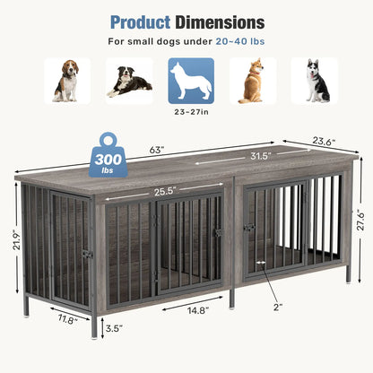 Sweetcrispy 3-In-1 Reinforced Metal & Wood 2-Compartment Dual Crate Furniture - Heavy-Duty Rustic Farmhouse Kennel, TV Stand & Side Table for Bedroom, Space-Saving, Double Door Lock, 27.56" L×23.62" W×25.49" H for Small/Medium Dogs