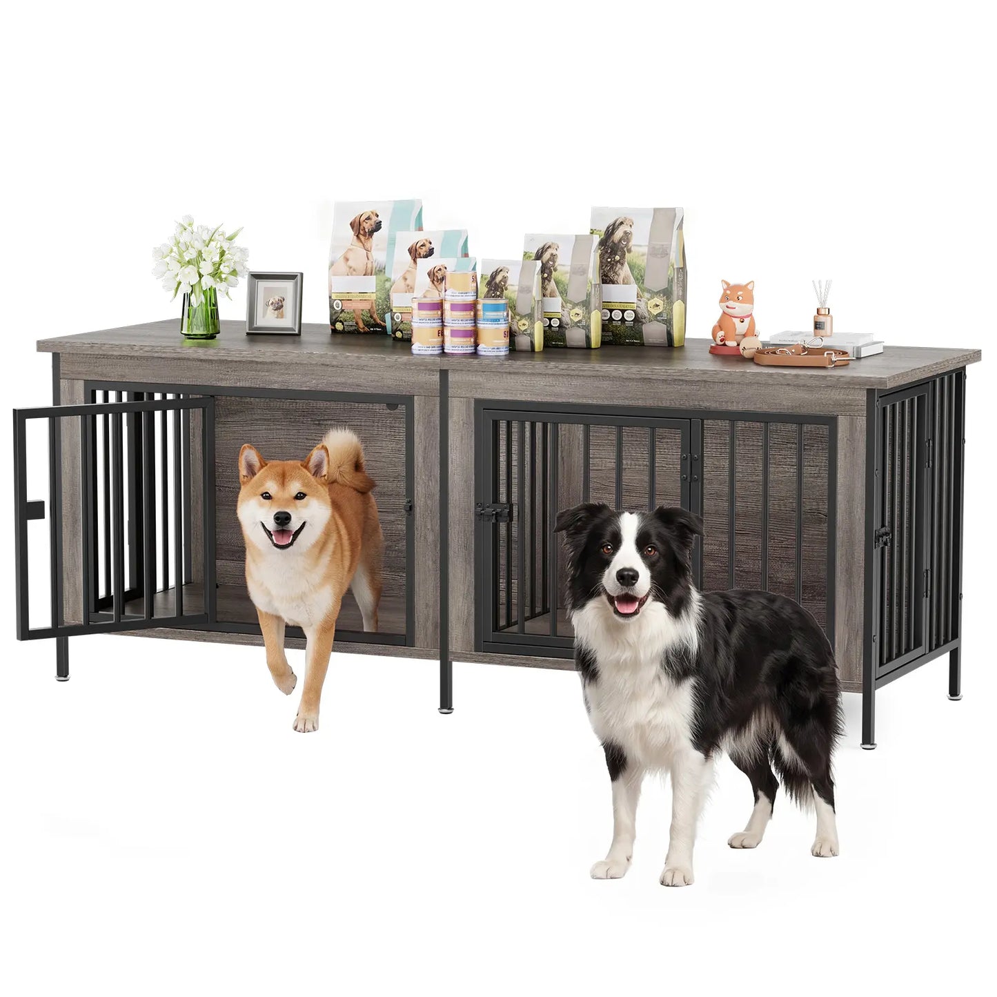 Sweetcrispy 3-In-1 Reinforced Metal & Wood 2-Compartment Dual Crate Furniture - Heavy-Duty Rustic Farmhouse Kennel, TV Stand & Side Table for Bedroom, Space-Saving, Double Door Lock, 27.56" L×23.62" W×25.49" H for Small/Medium Dogs
