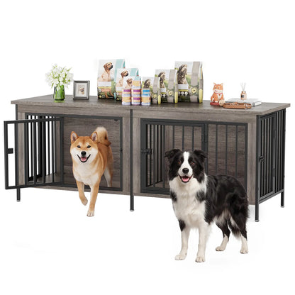 Sweetcrispy 3-In-1 Reinforced Metal & Wood 2-Compartment Dual Crate Furniture - Heavy-Duty Rustic Farmhouse Kennel, TV Stand & Side Table for Bedroom, Space-Saving, Double Door Lock, 27.56" L×23.62" W×25.49" H for Small/Medium Dogs